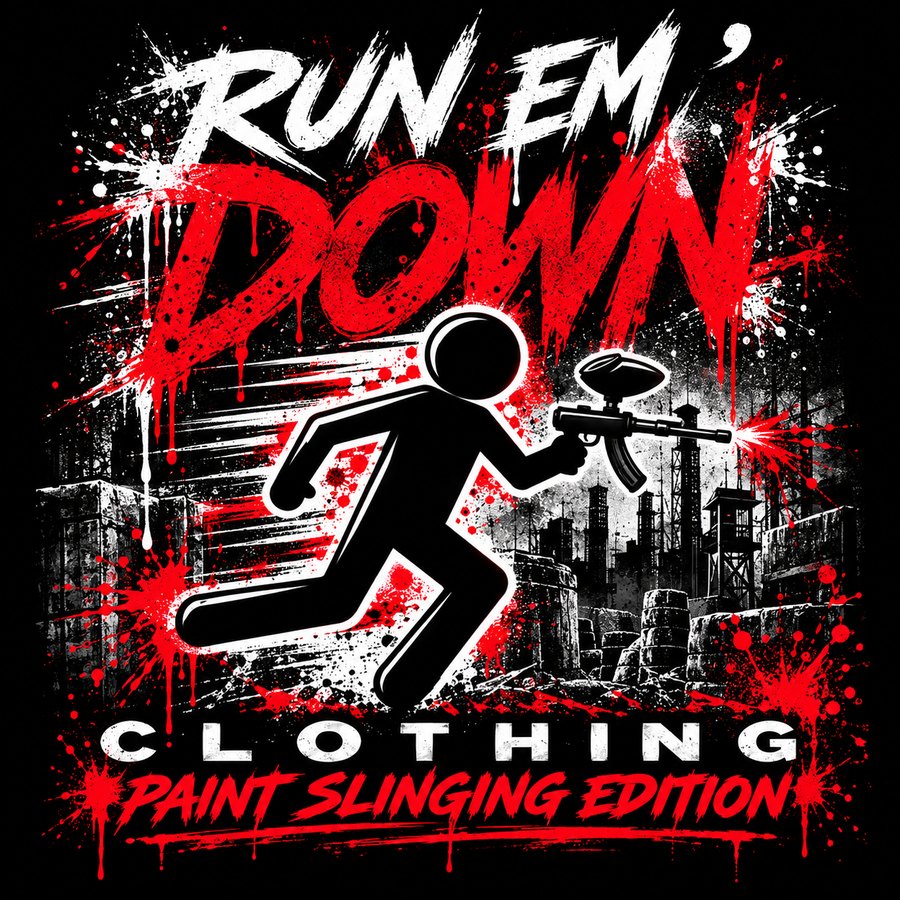 Paint Slinging Edition artwork: a stick-figure paintball player running with a marker through a ruined city, under RUN EM' DOWN in brushed red and white, with CLOTHING and PAINT SLINGING EDITION below