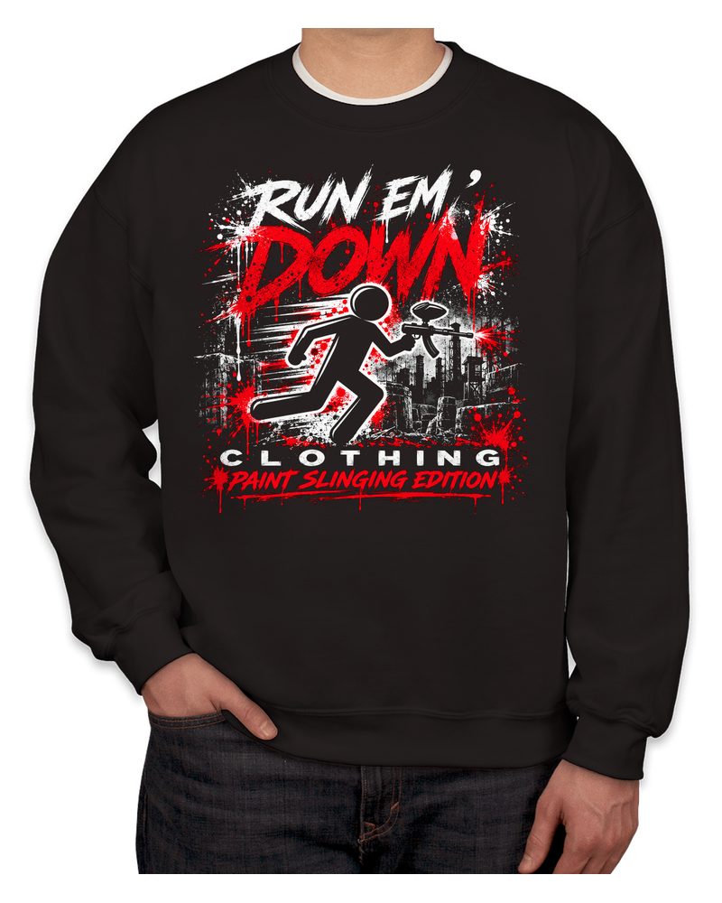 Black crewneck sweatshirt with the RUN EM' DOWN runner print on the chest