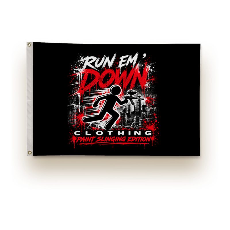 Black 2 by 3 foot flag with the full Paint Slinging Edition print