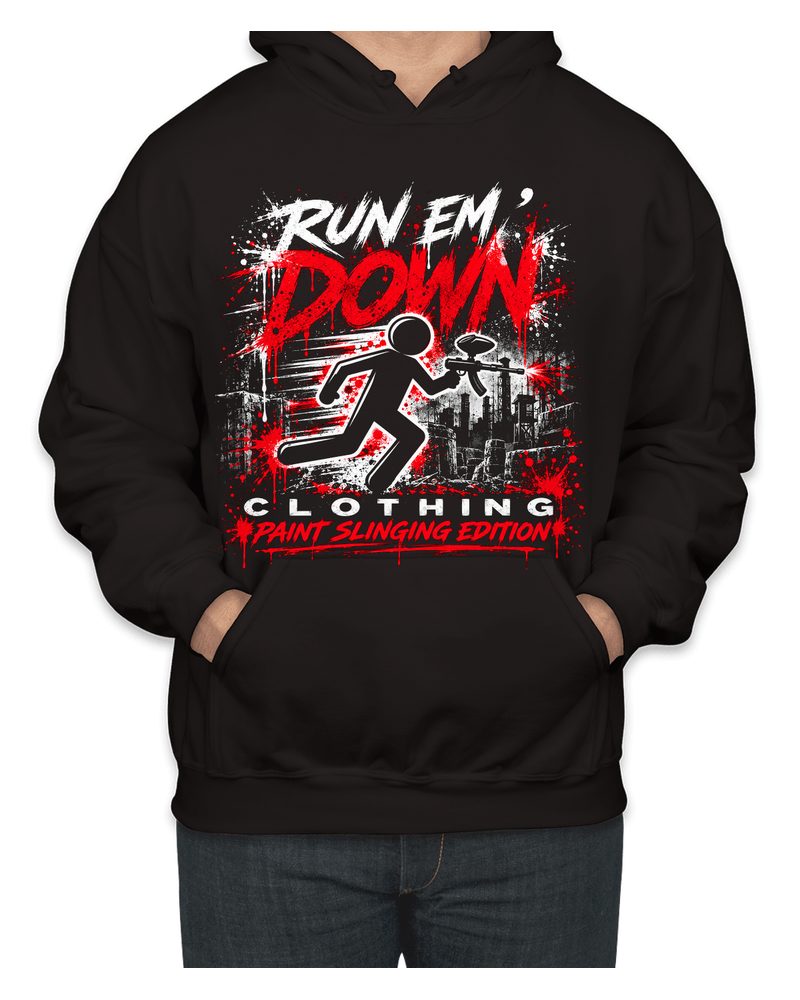 Black pullover hoodie with the RUN EM' DOWN runner print on the chest