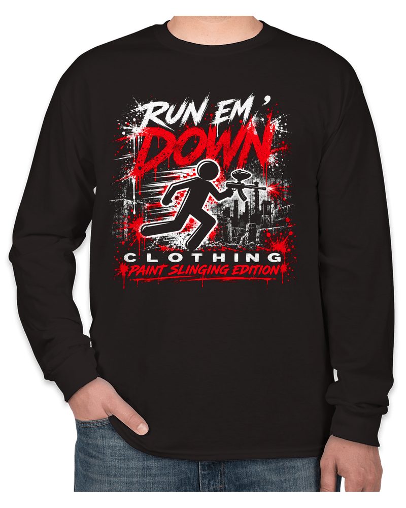 Black long sleeve tee with the RUN EM' DOWN runner print on the chest