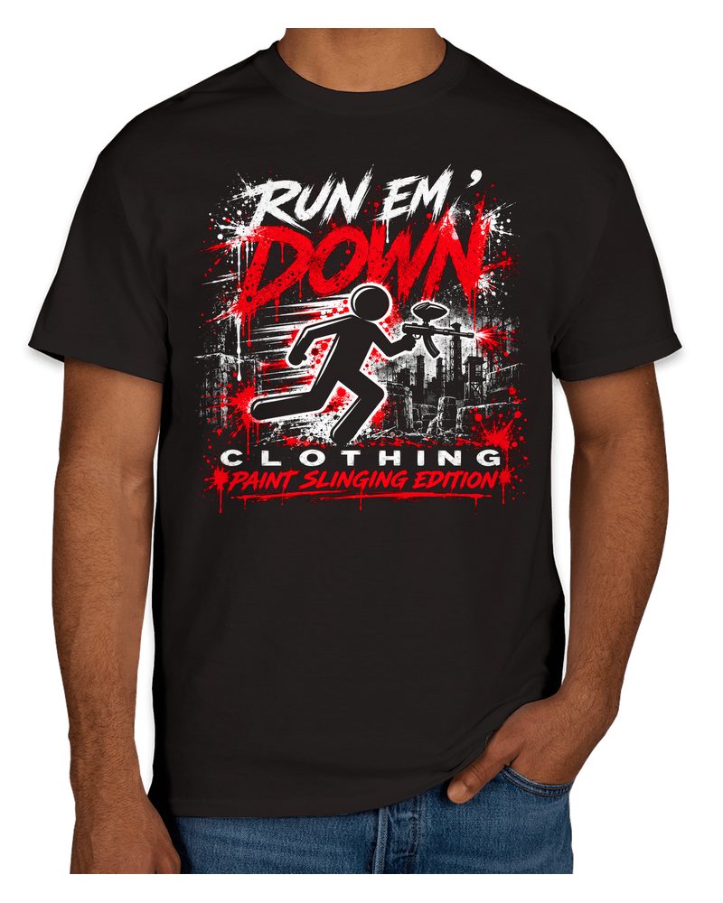 Black tee with the red and white RUN EM' DOWN runner print on the chest