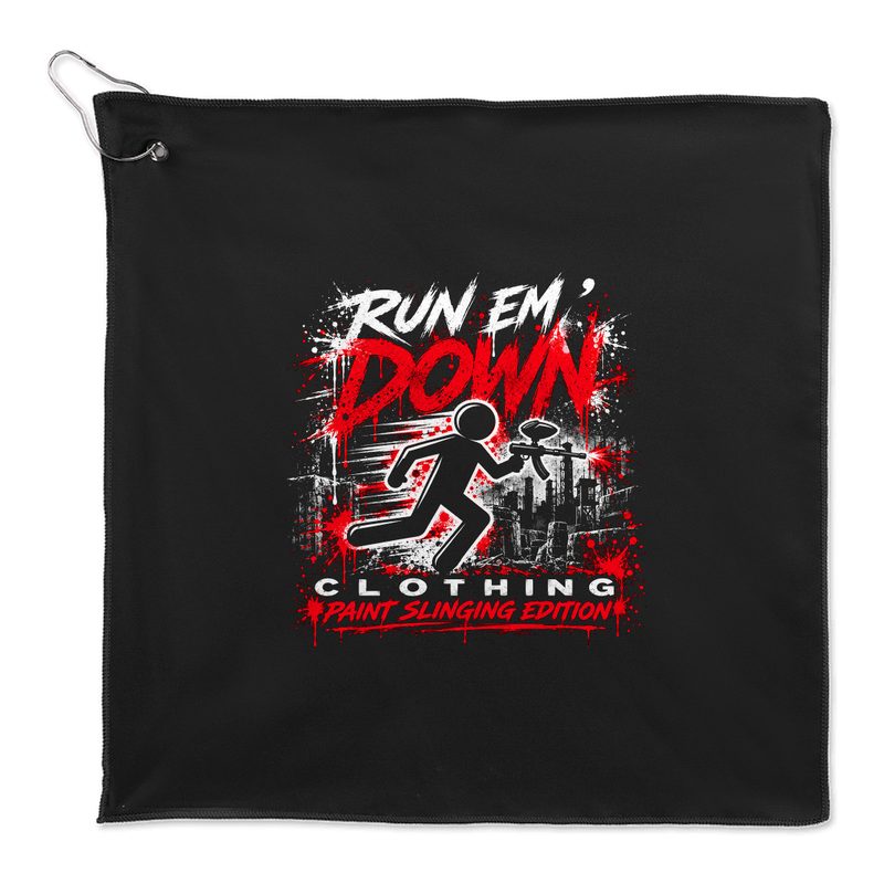 Black microfiber towel with a clip hook and the full Paint Slinging Edition print
